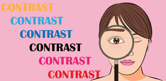 イラスト：女性が虫眼鏡を覗いてコントラストの違いを調べている