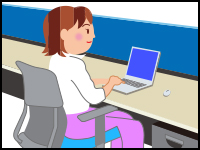 イラスト：机に座ってパソコン作業している女性の正面が、向かい側の作業者を意識しすぎないようにパーテーションで仕切られている