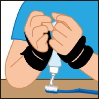 イラスト：歯磨き粉のチューブを両手の間に挟んで洗面台の上にある歯ブラシに歯磨き粉を絞り落している