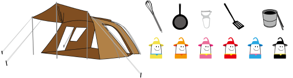 イラスト：テント、6種類の色から選べるランタン、調理道具など