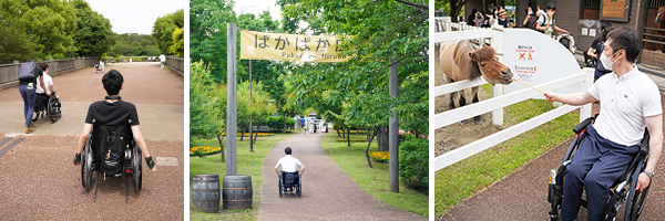 写真：風の丘、ぱかぱか広場入口、エサやりをしている編集部員