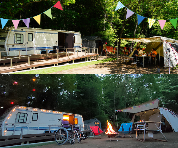 写真：晴天のキャンプ場と夜に焚き火をしているキャンプ場