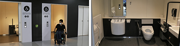 写真：東京ドーム内の身障者用トイレの中と外観