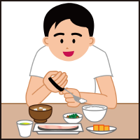 イラスト：男性が、右手に装着したカフスにフォークを固定させて食事をしようとしている