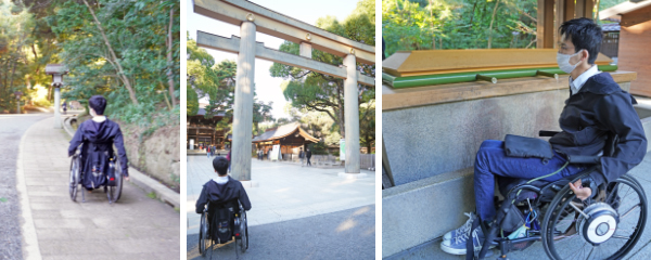 写真：北参道脇の石畳、大鳥居の横、参道脇の手水舎を編集部員が通っている