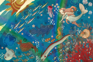 イラスト：深海で様々な魚などが人魚と一緒に泳いでる絵画