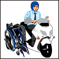 イラスト：車いすユーザが三輪車バイクに乗り、横に車いすを運んでいる。