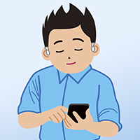 イラスト：聴覚障がいの男性がスマートフォンでタクシーを呼ぼうとしている