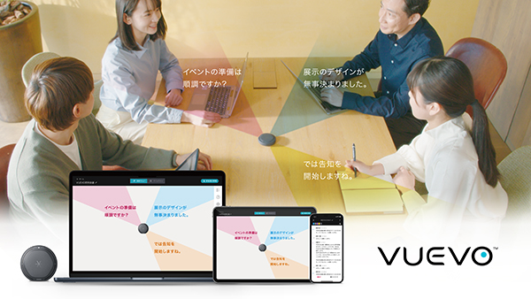 写真：男女4人で「VUEVO」を囲んで会議をしている