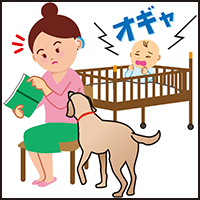イラスト：読書をしている聴覚障がいのお母さんに赤ちゃんが泣いていることを知らせる聴導犬