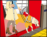 イラスト：盲導犬に案内されて電車から降りる白杖を持った視覚障がいの女性