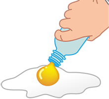 イラスト：別容器に割った全卵の卵黄にペットボトルの口を付けて吸い上げようとしている