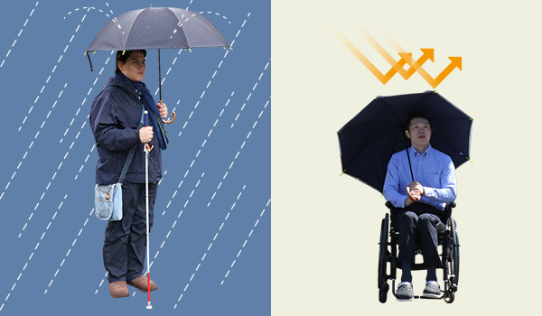 写真:左は雨の日にサイレントアンブレラを差して白杖を持った男性、右は晴れた日にサイレントアンブレラを差した車いすユーザの男性