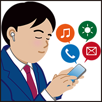 イラスト：スマホをタップして、さまざまなアプリを楽しんでいる男性