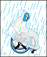 イラスト：車いすユーザの男性がレインコートを着て、雨の中車いすを漕いでいる