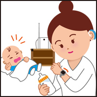 イラスト：聴覚障がい者のお母さんが、赤ちゃんの泣き声をスマートウォッチの振動で知り、ミルクを与えようとしている