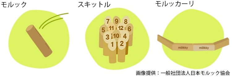 イラスト：左から「モルック」真ん中に「スキットル」右には「モルッカーリ」の絵