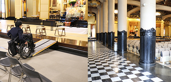 写真（2枚）：左の写真は、簡易スロープをのぼる車いすユーザ。右は本堂内の柱や椅子がならんでいる。