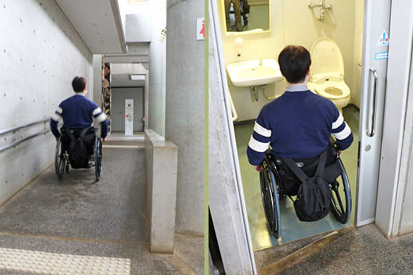 写真：左は角度のあるスロープを上がっている編集部員、右は多目的トイレに入ろうとしている編集部員
