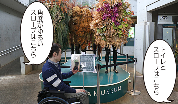 写真：左が比較的角度がゆるいスロープ、真ん中はボタニカリアンというアート作品、右がトイレやスロープがある