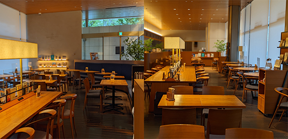 写真（2枚）：左右の写真ともにテーブルや椅子が並んでいる