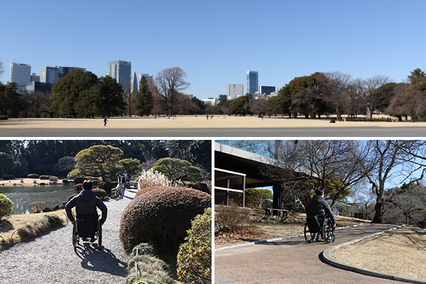 写真：新宿門からのビスタラインと編集部員が砂利道や蛇行した坂を上がっている