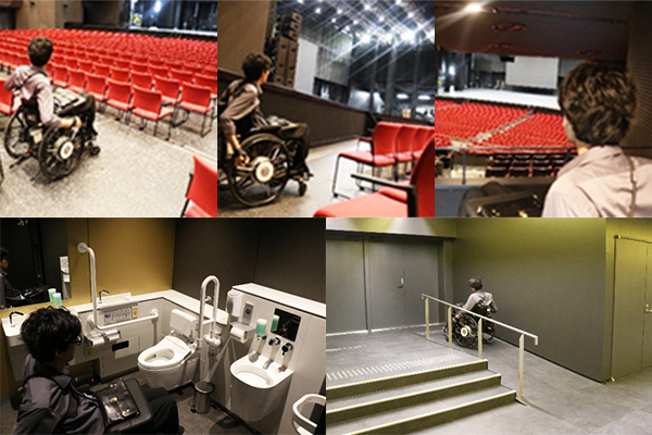 写真：5枚の写真から上の列の左、真ん中、左は「SGC HALL ARIAKE」の観客席の車椅子スペース、下列の左では「SGC HALL ARIAKE」に隣接している多機能トイレと右では避難ルート