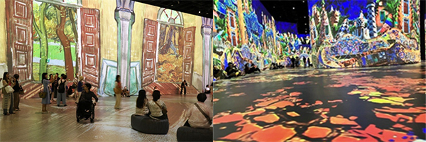写真:2枚の写真から左、右ともに「REVE DES LUMIERES」で上映されている作品を拝見している所